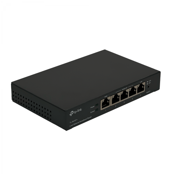 Router TP-Link TL-R470T+ vista en ángulo puertos WAN LAN – Casher Group Chile