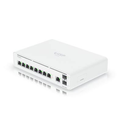 Gateway Ubiquiti UISP Console vista en ángulo puertos LAN y SFP+ – Casher Group Chile