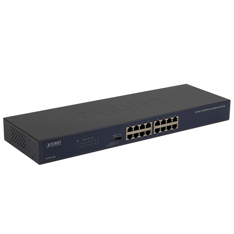 Switch PLANET FNSW-1601 16 Puertos 10/100 Mbps Fast Ethernet Unmanaged Green Networking – Vista frontal Casher Group Chile