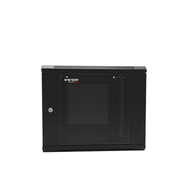 Gabinete Mural 12U Enersafe Acero SPCC 1,2mm Vidrio Templado 5mm 100kg 600x600x600mm 2 Ventiladores – Vista frontal Casher Group Chile