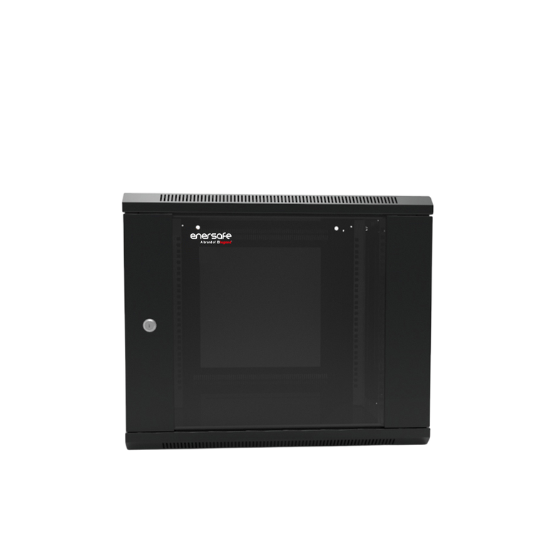Gabinete Mural 12U Enersafe Acero SPCC 1,2mm Vidrio Templado 5mm 100kg 600x600x600mm 2 Ventiladores – Vista frontal Casher Group Chile