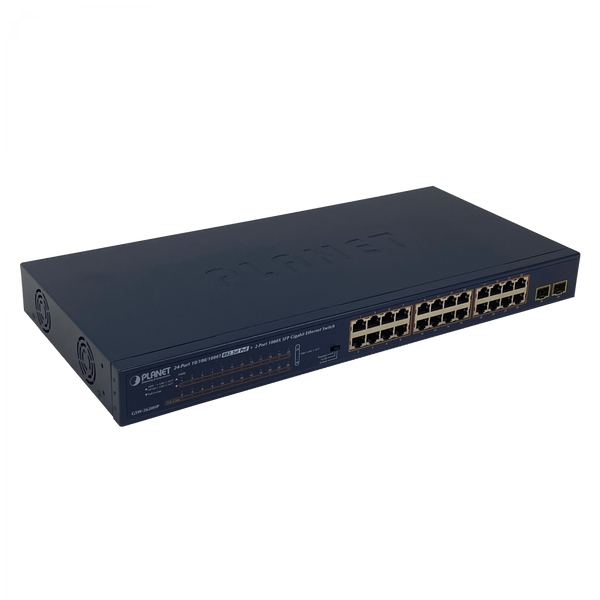 Switch PLANET GSW-2620HP 24 Puertos Gigabit PoE+ 802.3at 250W 2 SFP Unmanaged – Vista frontal Casher Group Chile