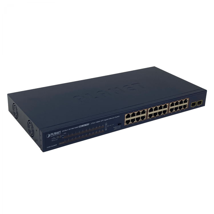 Switch PLANET GSW-2620HP 24 Puertos Gigabit PoE+ 802.3at 250W 2 SFP Unmanaged – Vista frontal Casher Group Chile