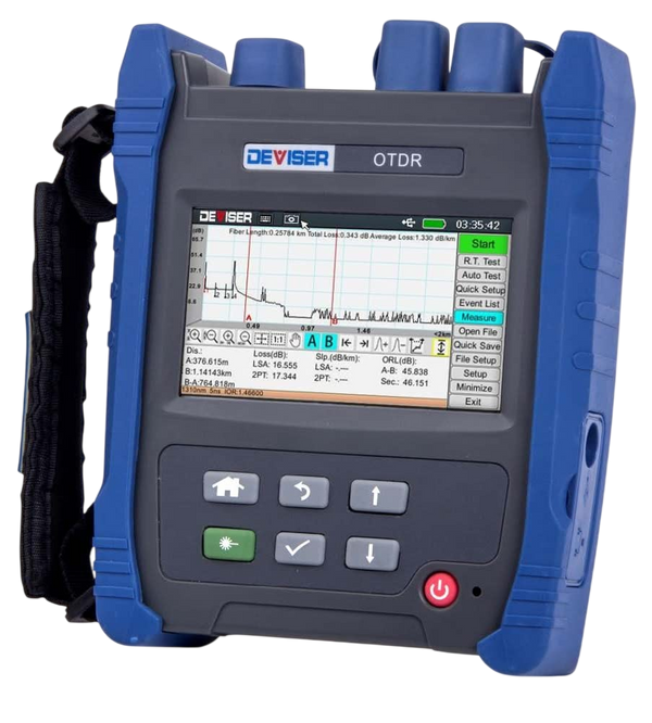 OTDR Deviser AE1001 Portátil 4 en 1 OTDR OPM LS VFL 1310/1550nm 26dB 16GB Touchscreen – Vista frontal Casher Group Chile