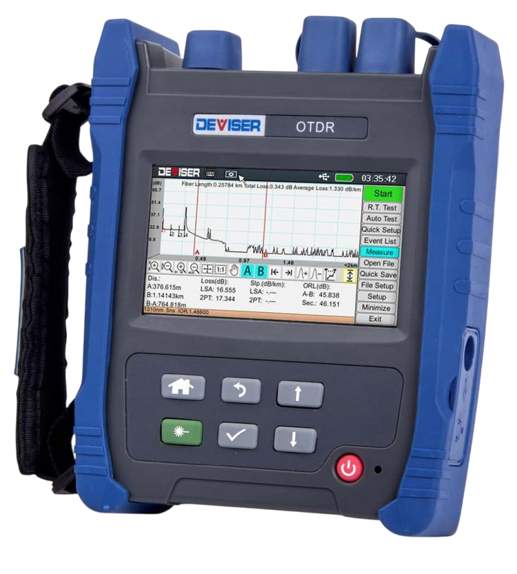 OTDR Deviser AE1001 Portátil 4 en 1 OTDR OPM LS VFL 1310/1550nm 26dB 16GB Touchscreen – Vista frontal Casher Group Chile