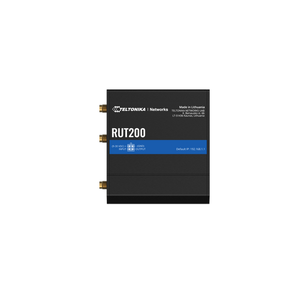 Router Industrial 4G LTE Teltonika RUT200 eSIM WiFi 4 WireGuard MODBUS OPC UA RutOS 9-30V DC – Vista frontal Casher Group Chile