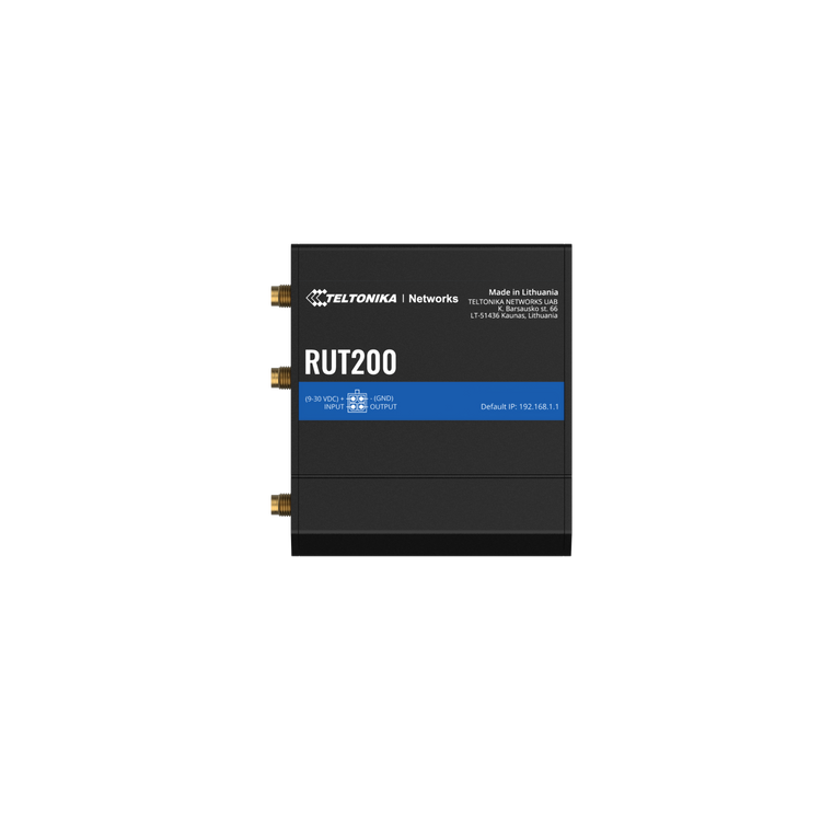 Router Industrial 4G LTE Teltonika RUT200 eSIM WiFi 4 WireGuard MODBUS OPC UA RutOS 9-30V DC – Vista frontal Casher Group Chile