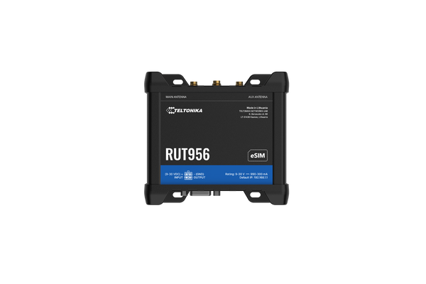 Router Industrial 4G LTE Teltonika RUT956 Dual SIM eSIM GNSS RS232 RS485 I/O MODBUS OPC UA RutOS – Vista frontal Casher Group Chile