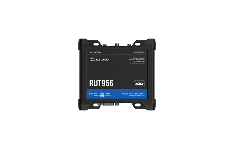 Router Industrial 4G LTE Teltonika RUT956 Dual SIM eSIM GNSS RS232 RS485 I/O MODBUS OPC UA RutOS – Vista frontal Casher Group Chile