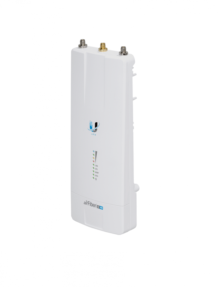 Radio Ubiquiti airFiber 5XHD vista frontal en ángulo con LEDs – Casher Group Chile