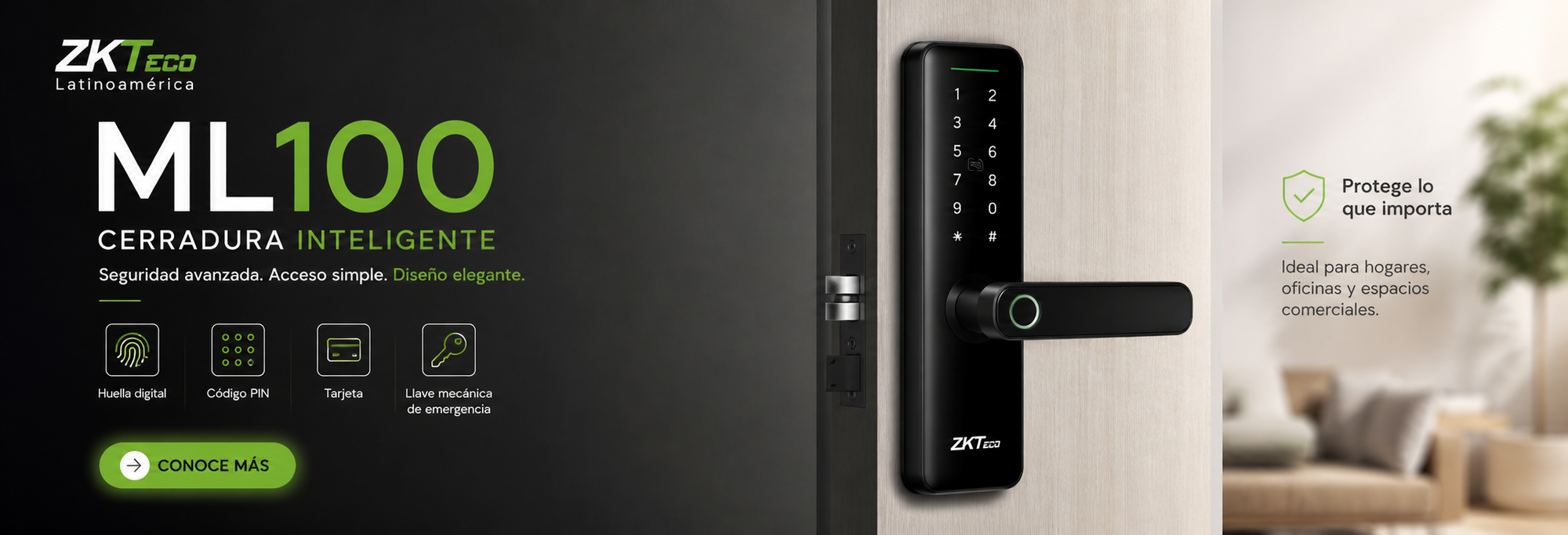 Cerradura Biométrica Inteligente ZKTeco ML100 – Huella Digital y Llave