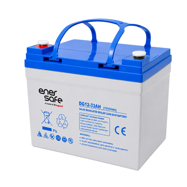 Batería Enersafe GEL 12V 33Ah VRLA Libre Mantenimiento 195x130x168mm – Vista frontal Casher Group Chile