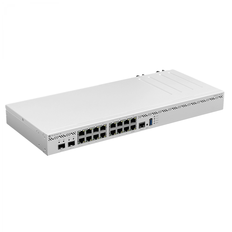 Router MikroTik CCR2004-16G-2S+ vista frontal 16 puertos GbE rack 1U – Casher Group Chile