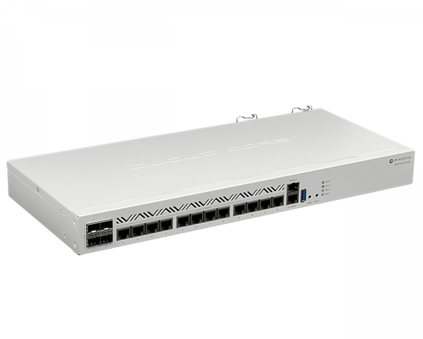 Router MikroTik CCR2116-12G-4S+ vista frontal 16 núcleos 4xSFP+ rack 1U – Casher Group Chile