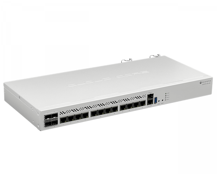 Router MikroTik CCR2116-12G-4S+ vista frontal 16 núcleos 4xSFP+ rack 1U – Casher Group Chile