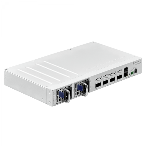 Switch MikroTik CRS504-4XQ-IN 4x QSFP28 100G 800Gbps Dual PSU Hot-Swap RouterOS L5 – Vista frontal Casher Group Chile