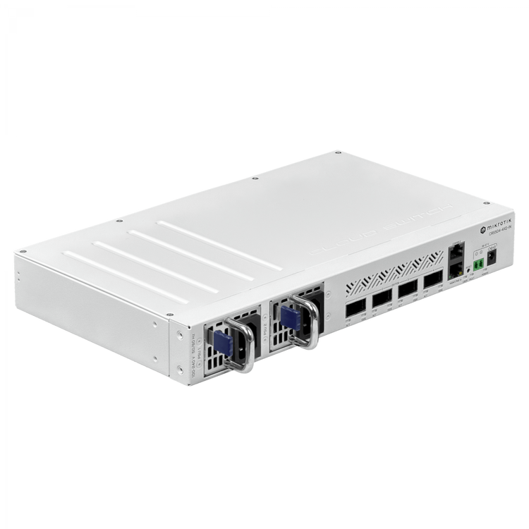 Switch MikroTik CRS504-4XQ-IN 4x QSFP28 100G 800Gbps Dual PSU Hot-Swap RouterOS L5 – Vista frontal Casher Group Chile