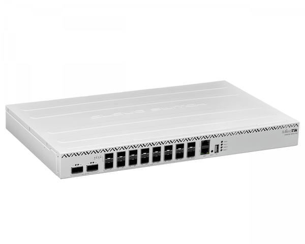 Switch MikroTik CRS518-16XS-2XQ 16x SFP28 25G 2x QSFP28 100G RouterOS L6 Dual PSU Rack 1U – Vista frontal Casher Group Chile