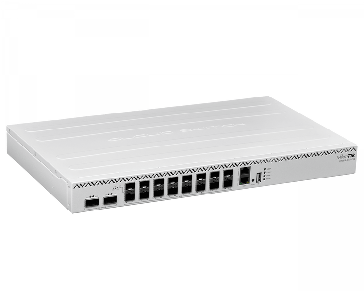 Switch MikroTik CRS518-16XS-2XQ 16x SFP28 25G 2x QSFP28 100G RouterOS L6 Dual PSU Rack 1U – Vista frontal Casher Group Chile