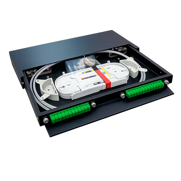 Cabecera de Rack 24 FO SC/APC 1U 19" con 24 Coplas SC/APC y Accesorios Incluidos – Vista frontal panel Casher Group Chile