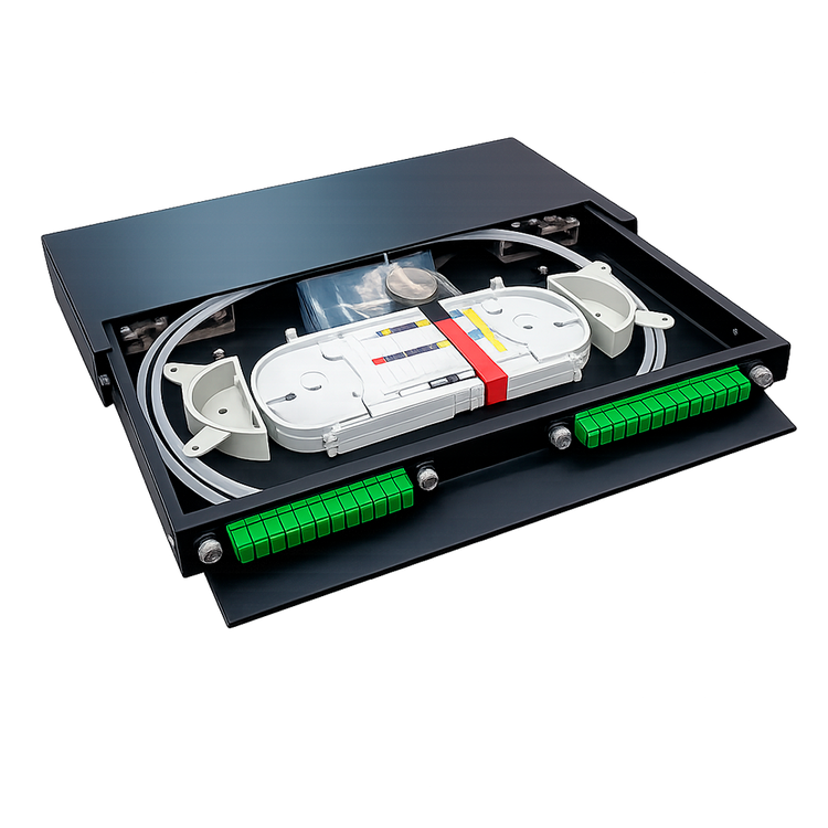 Cabecera de Rack 24 FO SC/APC 1U 19" con 24 Coplas SC/APC y Accesorios Incluidos – Vista frontal panel Casher Group Chile