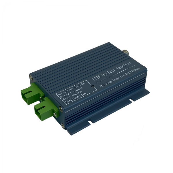 Nodo Óptico FTTH Wolck FT-1000WMC Receptor Activo WDM 2xF SC/APC 1270-1577nm 47-1002MHz 12V – Vista frontal Casher Group Chile
