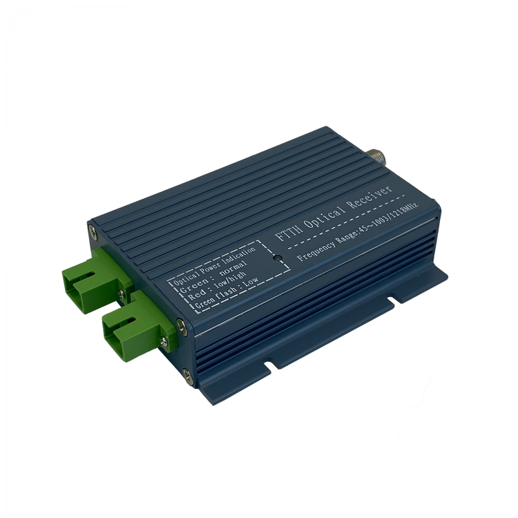 Nodo Óptico FTTH Wolck FT-1000WMC Receptor Activo WDM 2xF SC/APC 1270-1577nm 47-1002MHz 12V – Vista frontal Casher Group Chile