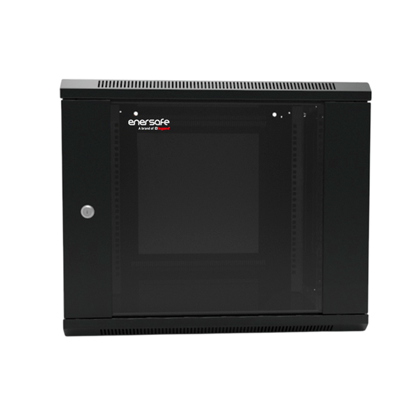 Gabinete Mural 9U ENERSAFE 600x600x500mm Acero SPCC con puerta vidrio templado – Vista frontal Casher Group Chile