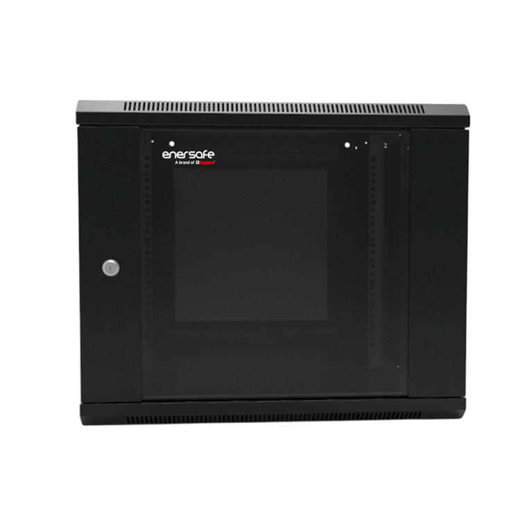 Gabinete Mural 9U ENERSAFE 600x600x500mm Acero SPCC con puerta vidrio templado – Vista frontal Casher Group Chile