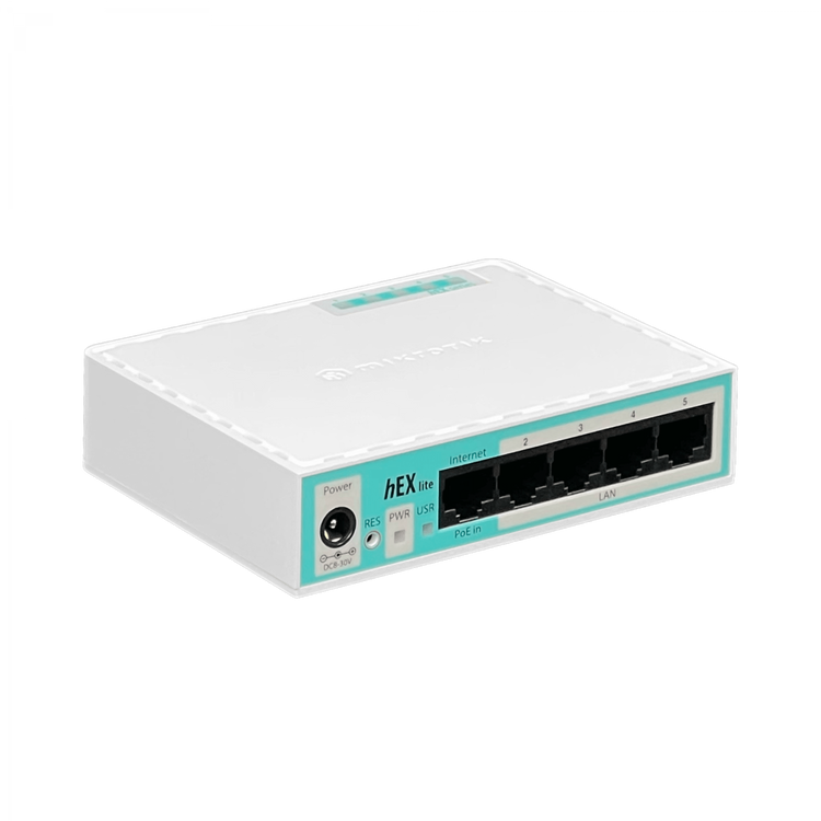 Router MikroTik hEX lite vista en ángulo puertos Ethernet – Casher Group Chile