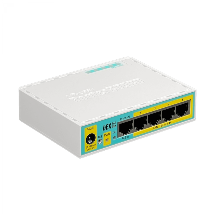 Router MikroTik hEX PoE lite vista en ángulo puertos Ethernet – Casher Group Chile