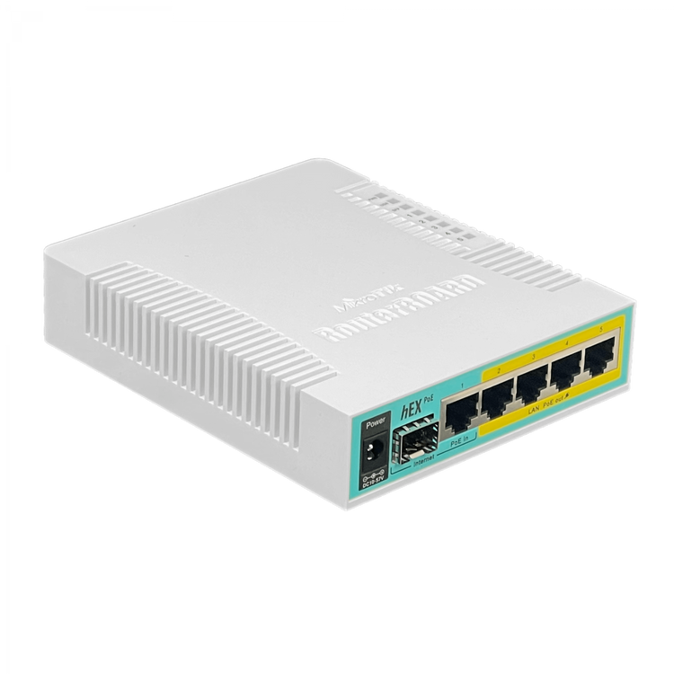Router MikroTik hEX PoE vista en ángulo puerto SFP y Gigabit – Casher Group Chile