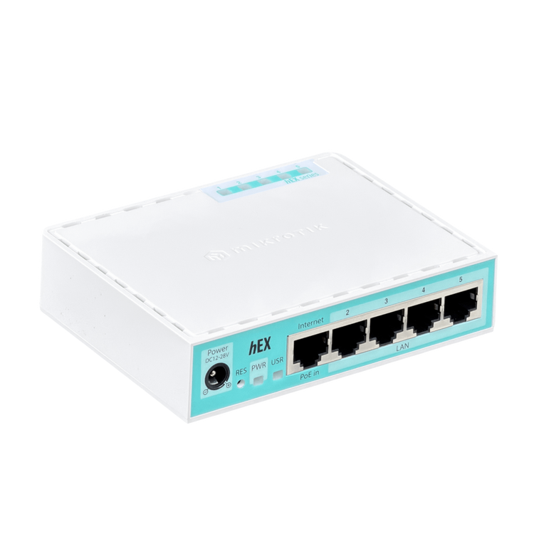 Router MikroTik hEX vista en ángulo puertos Gigabit – Casher Group Chile
