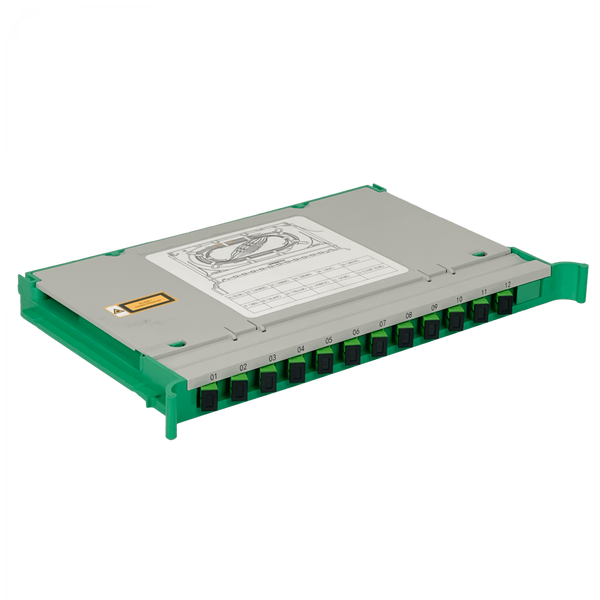 Bandeja ODF-A 12 Coplas SC/APC para Cabecera ODF Incluye Pigtails SM Coplas FASCA JFSA-4 – Vista frontal Casher Group Chile
