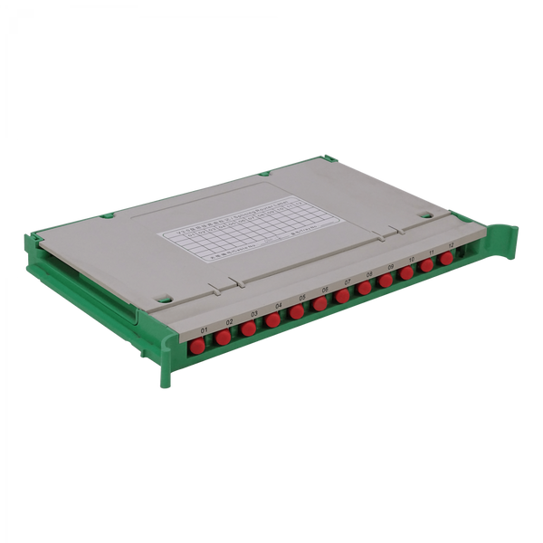 Bandeja ODF-F 12 Coplas FC/UPC para Cabecera ODF Incluye Pigtails SM y Coplas – Vista frontal Casher Group Chile