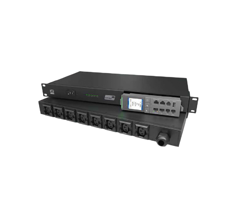 PDU Enersafe PRO Horizontal 32A Monitoreable Administrable SMARTPDU30A – Vista frontal con display y salidas C13 Casher Group Chile
