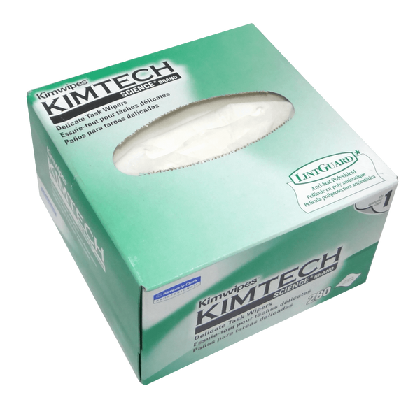 Paños Antiestáticos Kimtech Kimwipes 11x21cm x280 Lintguard Sin Pelusa Fibra Óptica ESD RoHS – Vista caja dispensadora Casher Group Chile