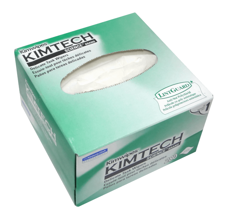 Paños Antiestáticos Kimtech Kimwipes 11x21cm x280 Lintguard Sin Pelusa Fibra Óptica ESD RoHS – Vista caja dispensadora Casher Group Chile