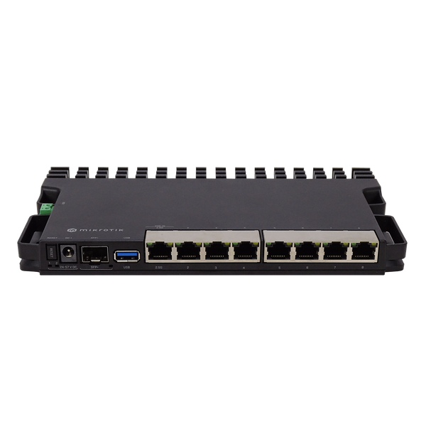 Router MikroTik RB5009UG+S+IN vista frontal puertos GbE 2,5G SFP+ – Casher Group Chile