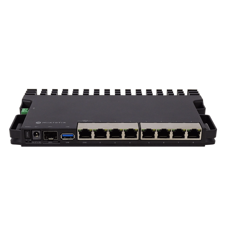 Router MikroTik RB5009UG+S+IN vista frontal puertos GbE 2,5G SFP+ – Casher Group Chile