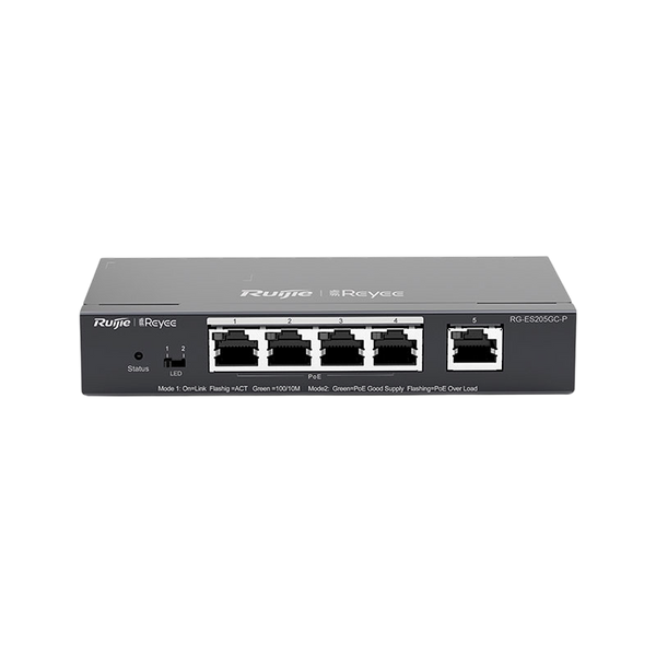 Switch PoE Ruijie RG-ES205GC-P 5 puertos Gigabit 4 PoE+ vista principal – Casher Group Chile