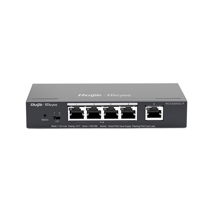Switch PoE Ruijie RG-ES205GC-P 5 puertos Gigabit 4 PoE+ vista principal – Casher Group Chile