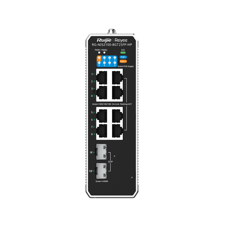 Switch Industrial Ruijie RG-NIS2100-8GT2SFP-HP PoE++ 8 puertos Gigabit vista principal – Casher Group Chile