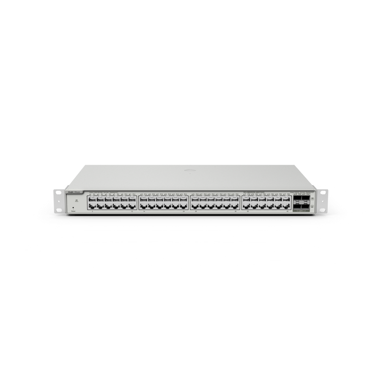 Switch Ruijie RG-NBS5200-48GT4XS-UP de 48 puertos Gigabit PoE y 4 SFP+, vista frontal – Casher Group Chile