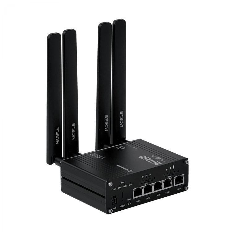 Router 5G Industrial RUTX50 Teltonika dual SIM vista frontal – Casher Group Chile