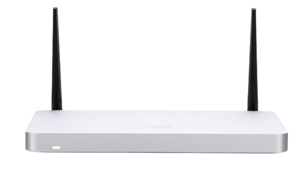 Router Cisco Meraki MX68W con WiFi integrado y 2 antenas externas, vista frontal – Casher Group Chile