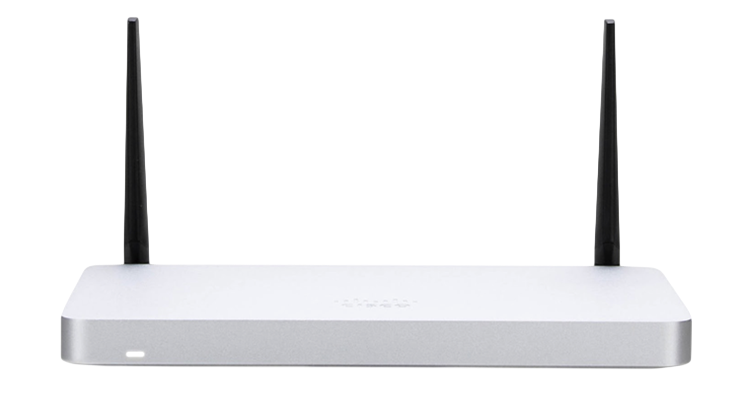 Router Cisco Meraki MX68W con WiFi integrado y 2 antenas externas, vista frontal – Casher Group Chile