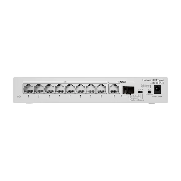 Switch Huawei eKitEngine S110-8P2ST 8 Puertos GbE PoE+ 124W 1 SFP 1 GE Plug&Play – Vista frontal Casher Group Chile