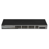 Switch D-Link DGS-1210-28 – Panel frontal 24 puertos RJ45 Gigabit y 4 puertos COMBO SFP LEDs actividad Casher Group Chile 2