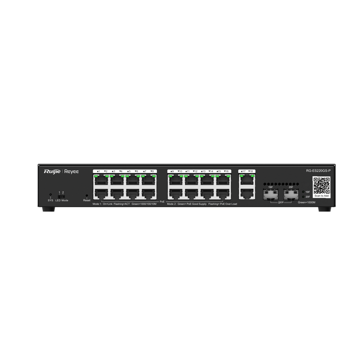 Switch Ruijie RG-ES220GS-P 16 puertos PoE+ 2 SFP Capa 2 Cloud vista frontal – Casher Group Chile